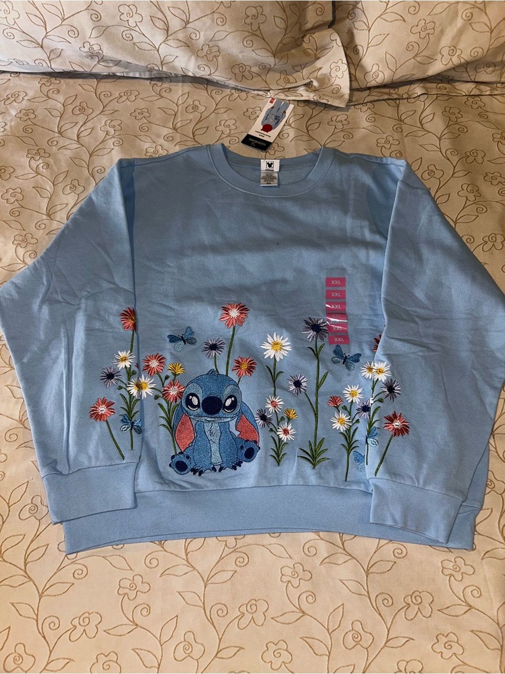 NWT Disney Baby Blue Stitch Floral Crewneck Sweatshirt embroidered